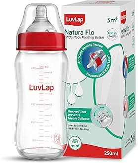 LuvLap Natura Flo Wide Neck Glass Feeding Bottle, New Born/Infants/Toddler Upto 3 Years, BPA Free, Ergonomic Shape is Easy to Hold, with Anti Colic Nipple, 250ml