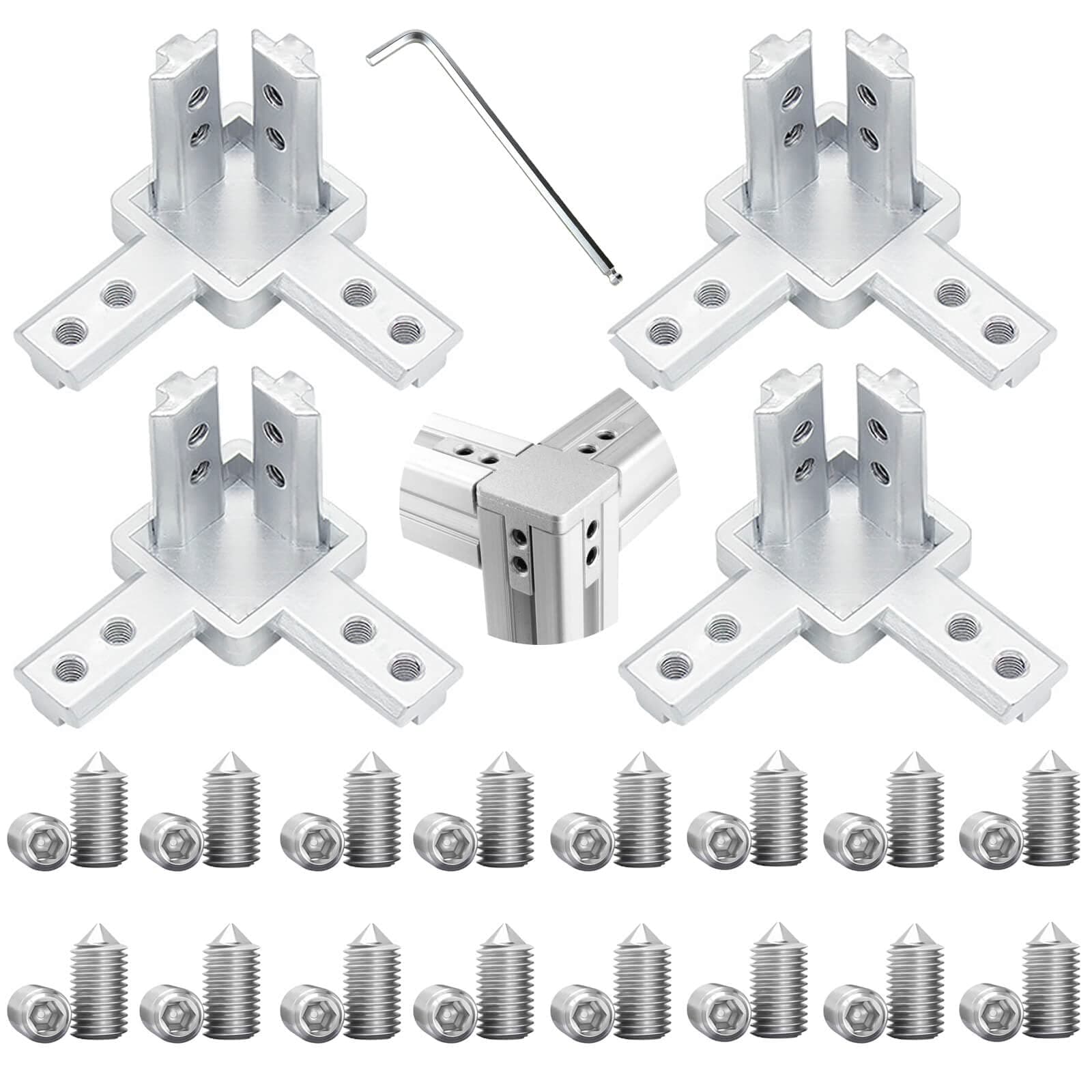 4Set 4040 3-Way End Corner Bracket Solid Connector with M6x12mm Screws for 4040 Aluminum Extrusion Accessories Silver