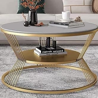 Coffee Table Two Tier Sofa Side Table Round Coffee Tables Metal Frame Center Table Tea Table for Center Room Dining Home & Living Room Decor (Grey Gold)