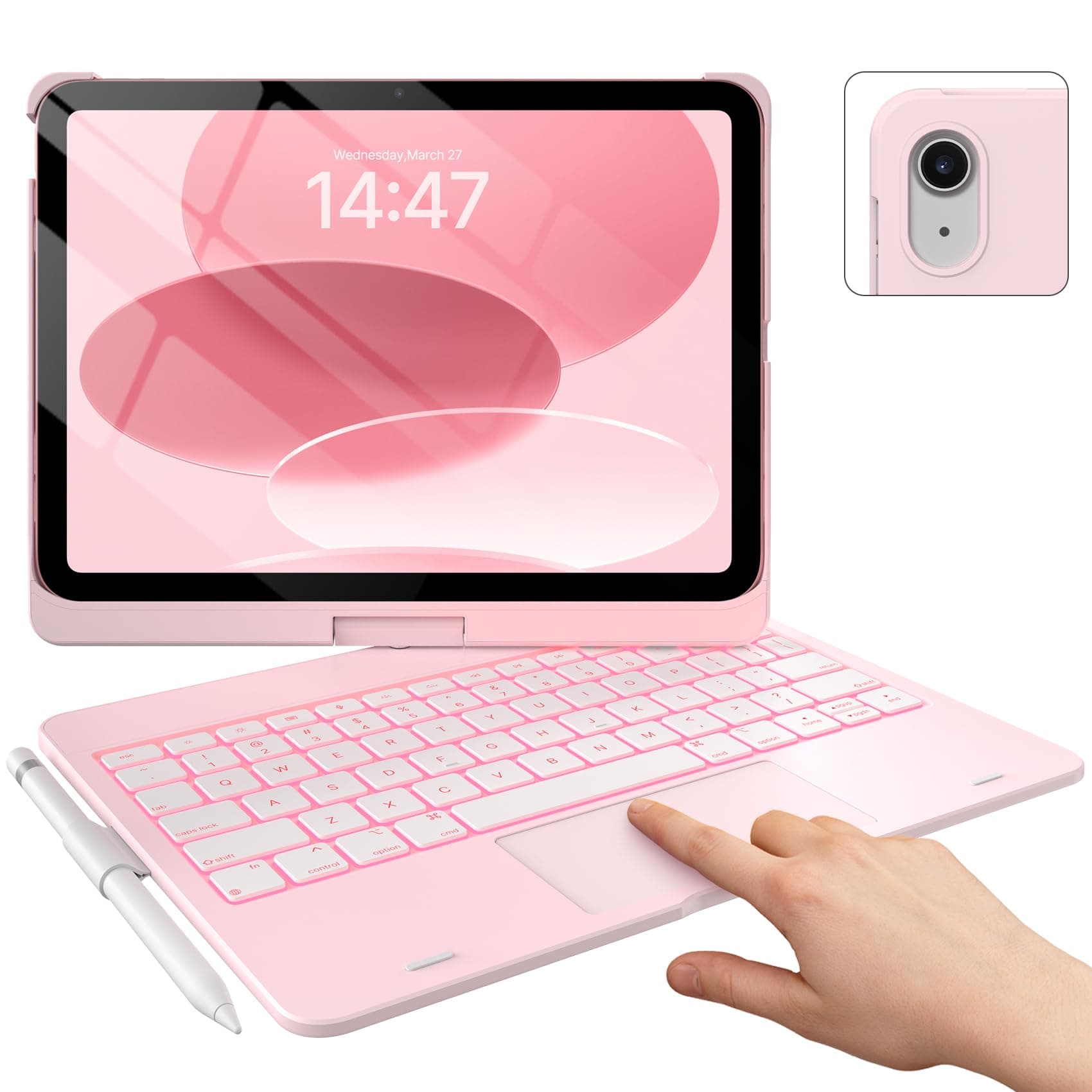 typecase Touch iPad 11th 10th Generation Case with Keyboard (11" 2025, A16 & 10.9" 2022) – 360° Rotatable, 11-Color Backlit, Multi-Touch Trackpad, Pencil Holder, Thin & Light – Light Pink