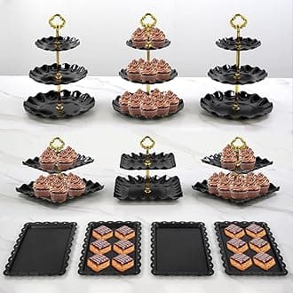 Pack of 10 NWK Cake Stand Set, with 3 x Two-Tier and 3 x Three-Tier Cupcake Stands, 4 x Appetizer Trays, 1 x Tablecloth for Birthday Bridal Baby Shower Party (Black)