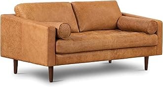 POLY & BARK Napa 72" Leather Sofa – Full-Grain Italian-Tanned Aniline Leather, Feather-Down Comfort, Solid Wood Frame, Walnut Legs, Cognac Tan