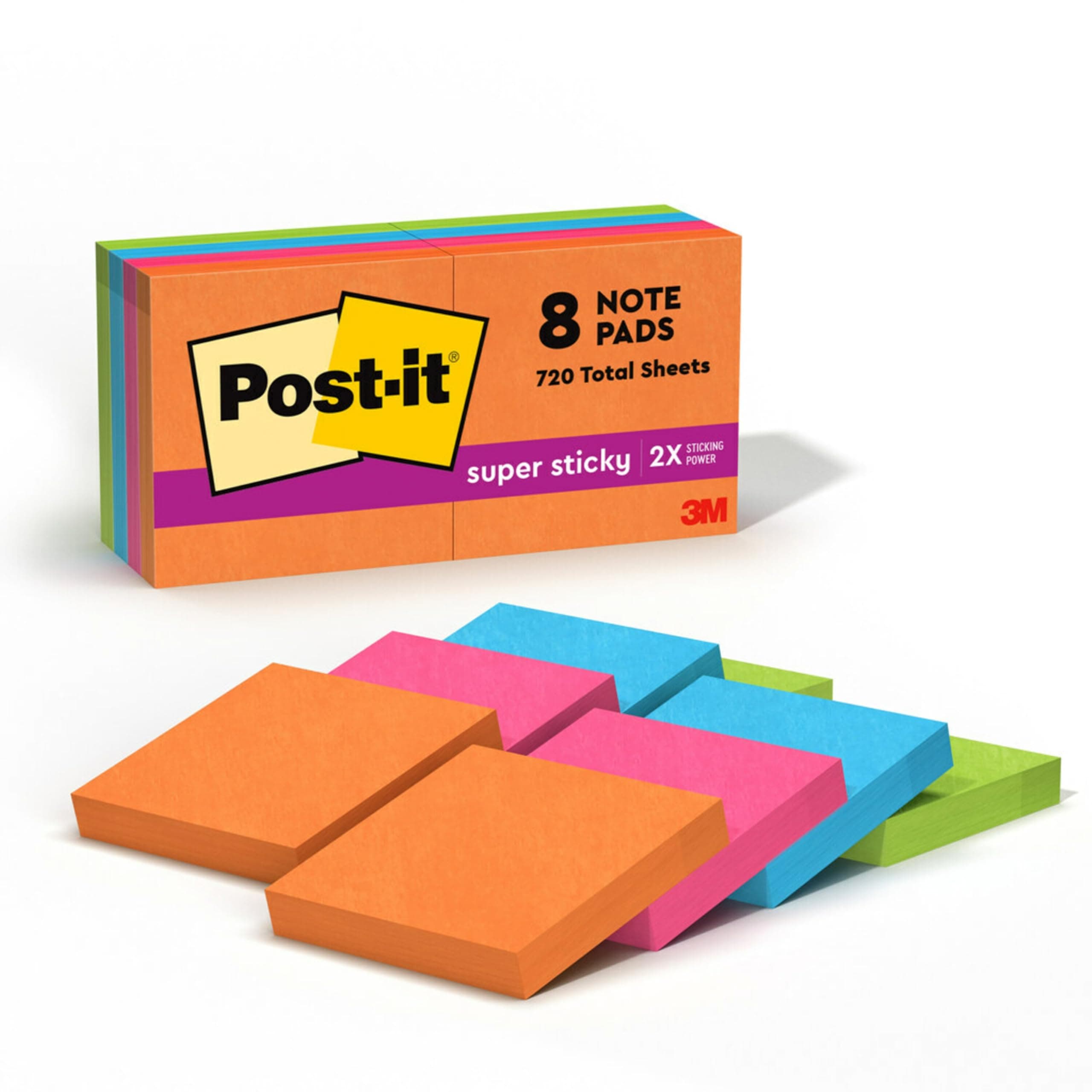 Post-It Super Sticky Notes, 2 in x 2 in, Rio de Janeiro Collection, 8 Pads/Pack self-Adhesive Paper Blue,Orange,Pink,Yellow 90 Sheets