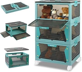 Rainberg Large Storage Boxes with Lids, Strong & Sturdy Plastic Storage Boxes, Stackable Nestable Container for Home & Office use. (Blue & Grey, 3 Tier 150L Storage)