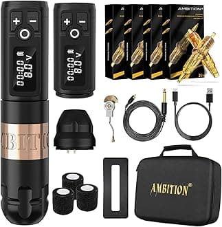 Ambition Soldier Wireless Tattoo Machine Kit Complete Rotary Coreless Motor Tattoo Pen Kit with Extra 2400mAh Battery 80pcs Glory Mixed Size Cartridge Needles Supply for Professional Tattoo Artist