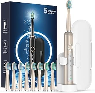 Rtauys M5 Sonic Electric Toothbrush for Adults - Rechargeable Electric Toothbrushes with 8 Brush Heads & Holder, Travel Case, Power Electric Toothbrush，120 Days Battery Life - Champagne