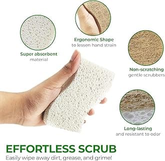 24 Pack Biodegradable Natural Kitchen Sponge - Compostable Cellulose and Coconut Walnut Scrubber Sponge - Eco Friendly Sponges for Dishes
