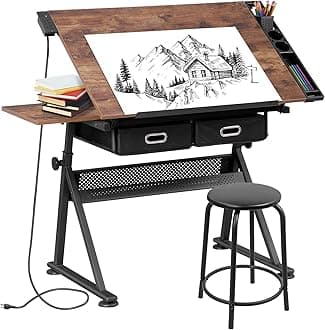 SUPER DEAL Drafting Table Set with Charging Station, Height Adjustable Tilting Drawing Desk Artist Desk with Stool Multifunctional Art Craft Workstation with 2 Storage Drawers for Home Office School