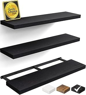BAYKA Floating Shelves for Wall, 36 inches Wall Mounted Rustic Wood Shelves for Bathroom, Bedroom, Living Room, for Books/Storage/Decor with 22lbs Capacity（Black,Set of 3
