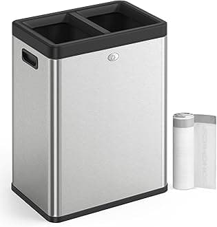 SONGMICS 2 x 6.6 Gallon Open Top Trash Can, Dual Compartment Garbage Can for Waste and Recycling, Stainless Steel, Trash Bin for Office, Restaurant, Commercial Use, Silver ULTB710E50