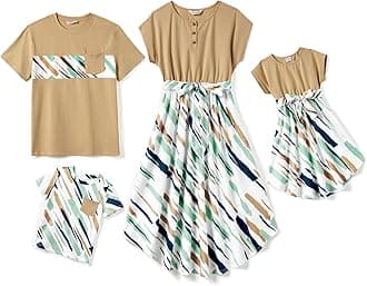 PATPAT Family Matching Outfits Mom and Daughter Matching Dresses for Pictures Apricot Striped Print Dresses Father and Son Short-Sleeve T-Shirts Sets Toddler Boy 3-4 Years