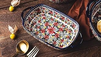 Red Daisy Flower Vintage Style Ceramic Bakeware Casserole Dish Baking Pan Lasagna Pans Baking Dish with Handles for Oven/Cooking/Kitchen-1 PCS, 22 OZ
