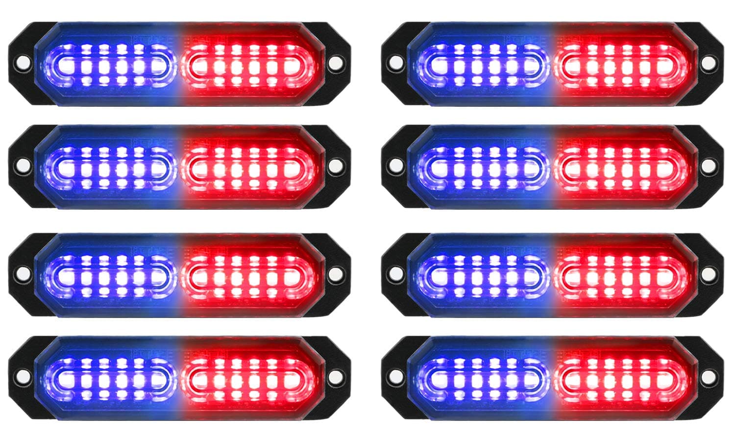 ASPL 8pcs Sync Feature Ultra Slim 12-LED Surface Mount Flashing Strobe Lights for Truck Car Vehicle LED Mini Grille Light Head Emergency Beacon Hazard Warning Lights (Red/Blue)