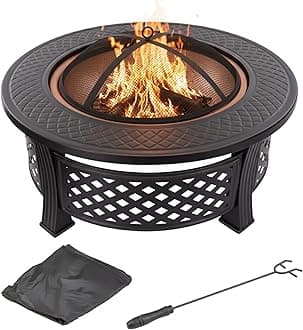 Fire Pit - 32-Inch Outdoor Fireplace with Spark Screen, Poker, and Cover - Wood-Burning Fire Pit for Yard, Patio, or Camping by Pure Garden (Bronze)