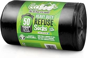 EcoBag - 50 Pack Heavy Duty Bin Bags - 50L - 35 Microns - Recyclable Black Bin Bag with Leak Resistant Seal, Sustainable Refuse Sack, Eco-Friendly Rubbish Bag for Home, Office & Kitchen (600x800 mm)
