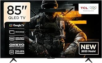 TCL 85T8C Television 85 Inch Smart TV 4K QLED Colorful Quantum Crystal HDR 10+ Gaming Google TV, 144Hz Native Refresh Rate, ONKYO 2.1 Hi-Fi, Dolby Atmos, DTS Virtual X, MEMC, Game Master (2025 Model)