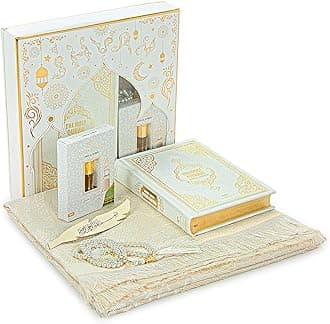 Ihvan Online Hajj & Umrah Gift Set - Muslim Prayer Rug, Mat, Beads, Holy Quran, Janamaz, Islamic Gift for Ramadan & Eid, White