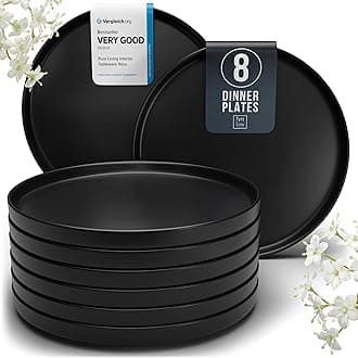 PURE LIVING INTERIOR DESIGN Dinner Plates Set of 8, 10.5" Stoneware Plates, Stylish Plates, Dinner Plates Ceramic, Dishwasher and Microwave Safe Matte Black Ceramic Plates