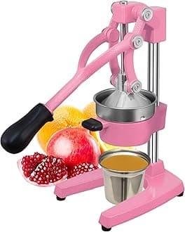 Commercial Heavy Duty Cast Iron Hand Press Manual Orange Citrus Lemon Lime Grapefruit Pomegranate Fruit Juice Squeezer Machine with Stainless Steel Cup Pink