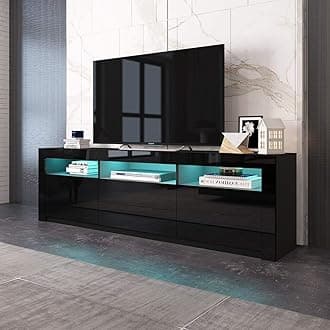 LED TV Cabinet Modern 160cm 2 Doors 2 Drawers TV Stand Unit Cabinet Matt Body High Gloss Doors with 16 Colors FREE LED LIGHT TV Wooden Units Sideboard for Living Room(Black)