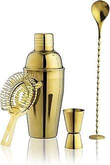 True 4-Piece Cocktail Shaker Set Includes Cobbler Shaker, Strainer, Jigger, Bar Spoon for Classic Cocktails, Mixed Drinks, Cold Brew, Home Bar Tools, Bartender Gifts, Bar Cart Accessories, Gold