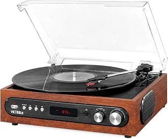 3-in-1 Turntable – 3-Speed (33 1/3, 45, 78 RPM) Bluetooth Record Player with FM Radio, & Built-In Stereo Speakers, 3.5 Aux In & RCA Output, Wireless Music Streaming, Dust Cover (Mahogany)