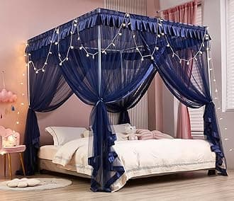 MengersiCanopy Bed Curtains Bed Canopy Royal Luxurious Cozy Drapes Netting- Elegant Bed Sheer Bedroom Decoration Accessories for Adults(Navy Blue,Twin)