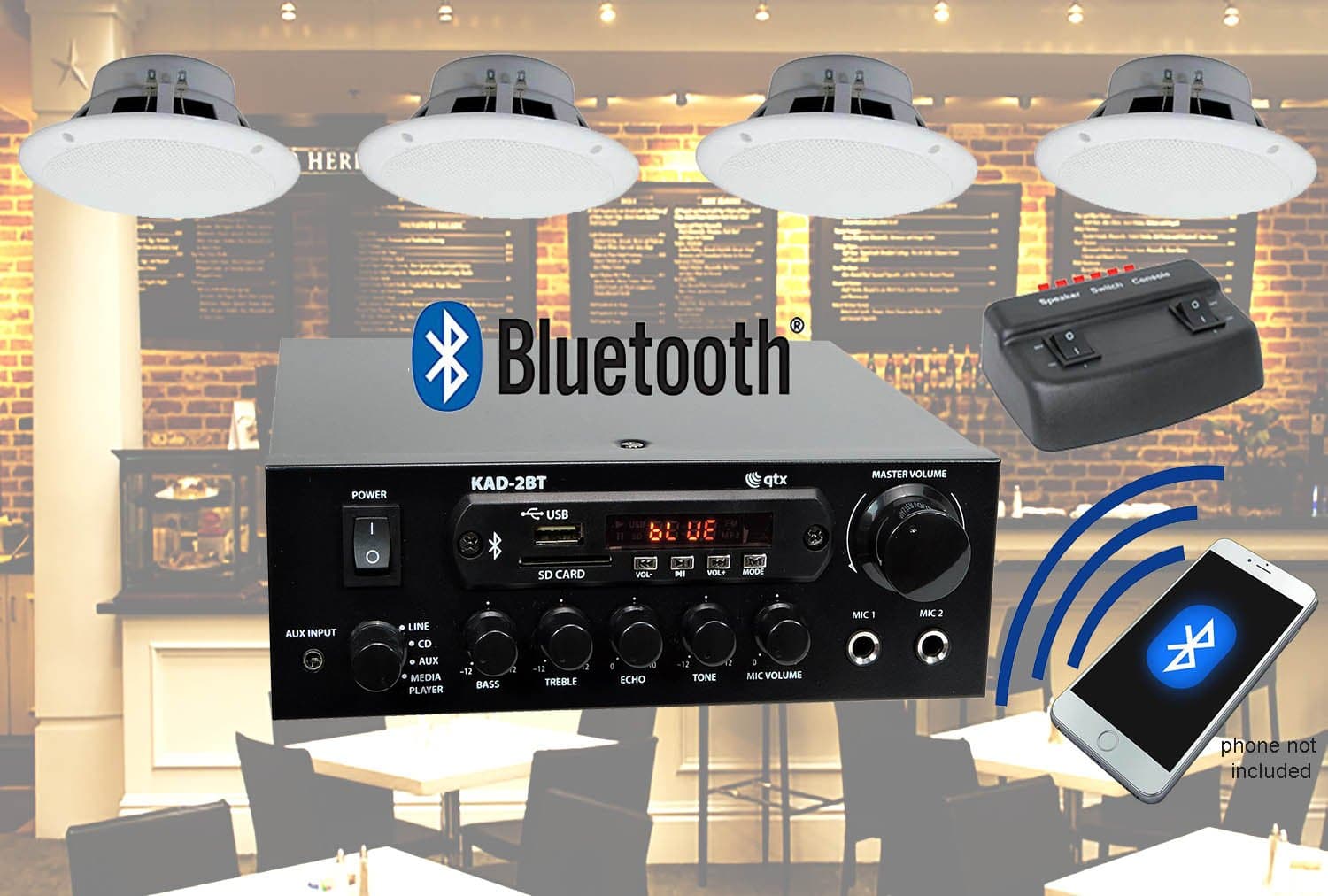 Cafe Restaurant Bluetooth Amplifier and 4 Waterproof Ceiling Speaker System with Zone Control by Digitalis Audio (4 Speaker Set with Zone Switch and 20m Cable)