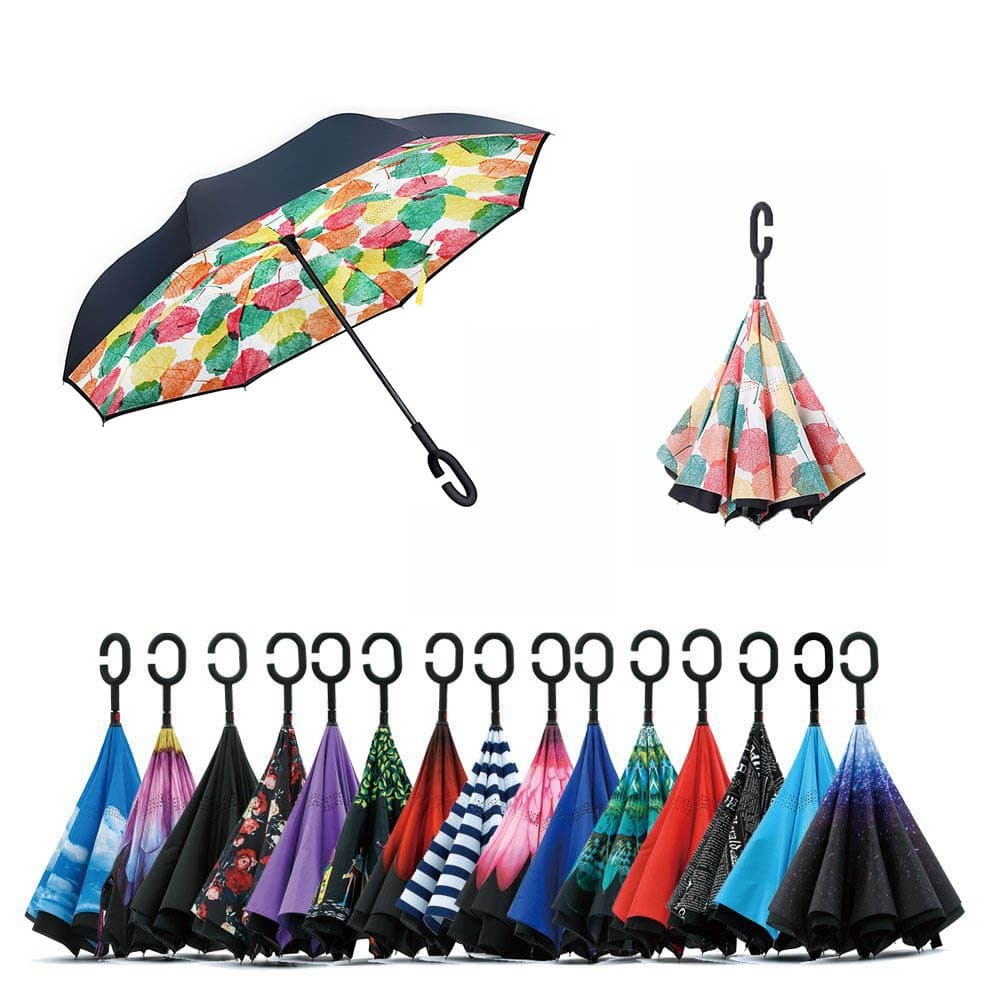 Jooayou Double Layer Inverted Umbrella, C Shape Handle Reverse Folding Umbrella, Anti-UV Windproof Travel Umbrella with Carrying Bag