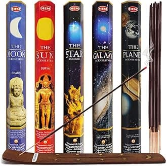 Hem Incense Sticks Variety Pack #1 and Incense Stick Holder Bundle with 5 Celestial Themed Fragrances