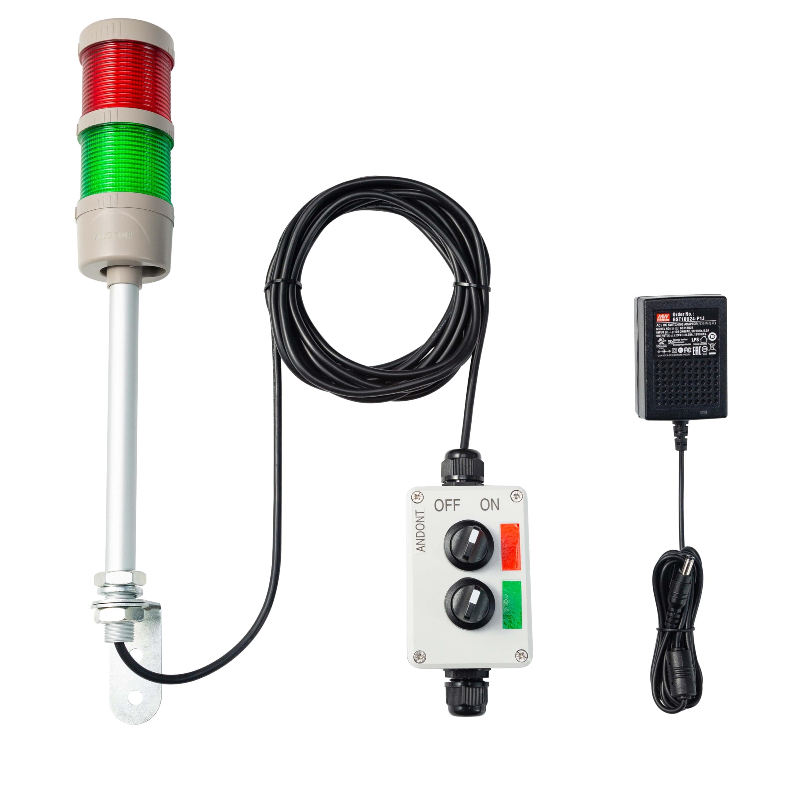 2-Stack LED Andon Tower Signal Light with Buzzer, Red/Green, On/Off/Flash, ABB Selector Switch, Mean Well Industrial Power Adapter 6 ft & 16 ft Extension Cord, Plug-and-Play