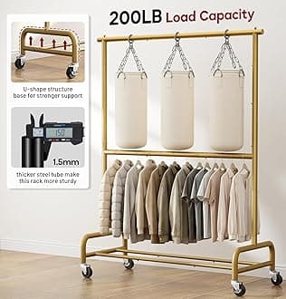SLEEPING LAMB Double Rod Heavy Duty Clothes Racks for Hanging Clothes Rack, Metal Rolling Garment Rack With Wheels Clothes Hanger Rack Wardrobe Rack for Coats, Shirts (Gold)