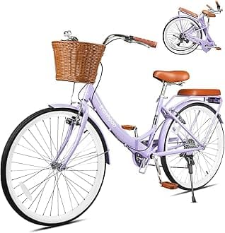 26 Inch Folding Beach Cruiser Bike for Women, 7-Speed Ladies Bike with Basket & Rack, Perfect for City Commuting's Bicycle, Ideal for Women and Adults