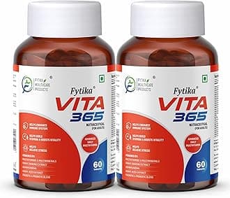 - Fytika Vita 365-120 Tablets (Pack of 2) | Multivitamin For Men and Women | With Ashwagandha, Ginseng, Probiotics & Prebiotics and Biotin| Enhances Energy, Stamina, Immunity and Digestion