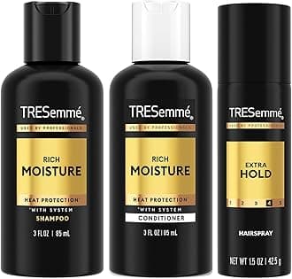 TRESemmé Travel Essentials for Hair Care – Rich Moisture Shampoo, Conditioner & Extra Hold Hairspray for Heat Protection & 24H Frizz Control