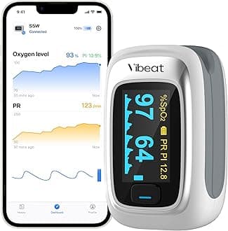Vibeat Bluetooth Fingertip Pulse Oximeter with Pulse Rate, Blood Oxygen Saturation Monitor | Finger O2 Meter, Batteries and Lanyard Included, Free APP