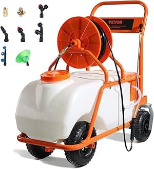 VEVOR Battery Powered 15 Gallon Garden Weed Sprayer with Wheeled Cart, 126FT Hose with Reel, 8 Nozzles, 2 Wands with Lock Trigger, 0-90PSI, 5-6h Spray Time, Wide Mouth Lid, Rotating Wheels with Brake