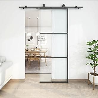 JUBEST 32in x 84in Glass Sliding Barn Door, 3-Panel Black Aluminum Frame and Clear Tempered Glass Modern French Door, Easy to Install (No Sliding Hardware Kit)
