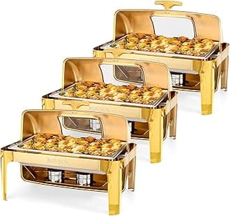 ROVSUN 9QT 3 Packs Roll Top Chafing Dish Buffet Set,Rectangular NSF Stainless Steel Buffet Warmer Chafers and Buffet Warmers Sets with Thick Frame for Catering Events Parties Weddings Dinners,Gold