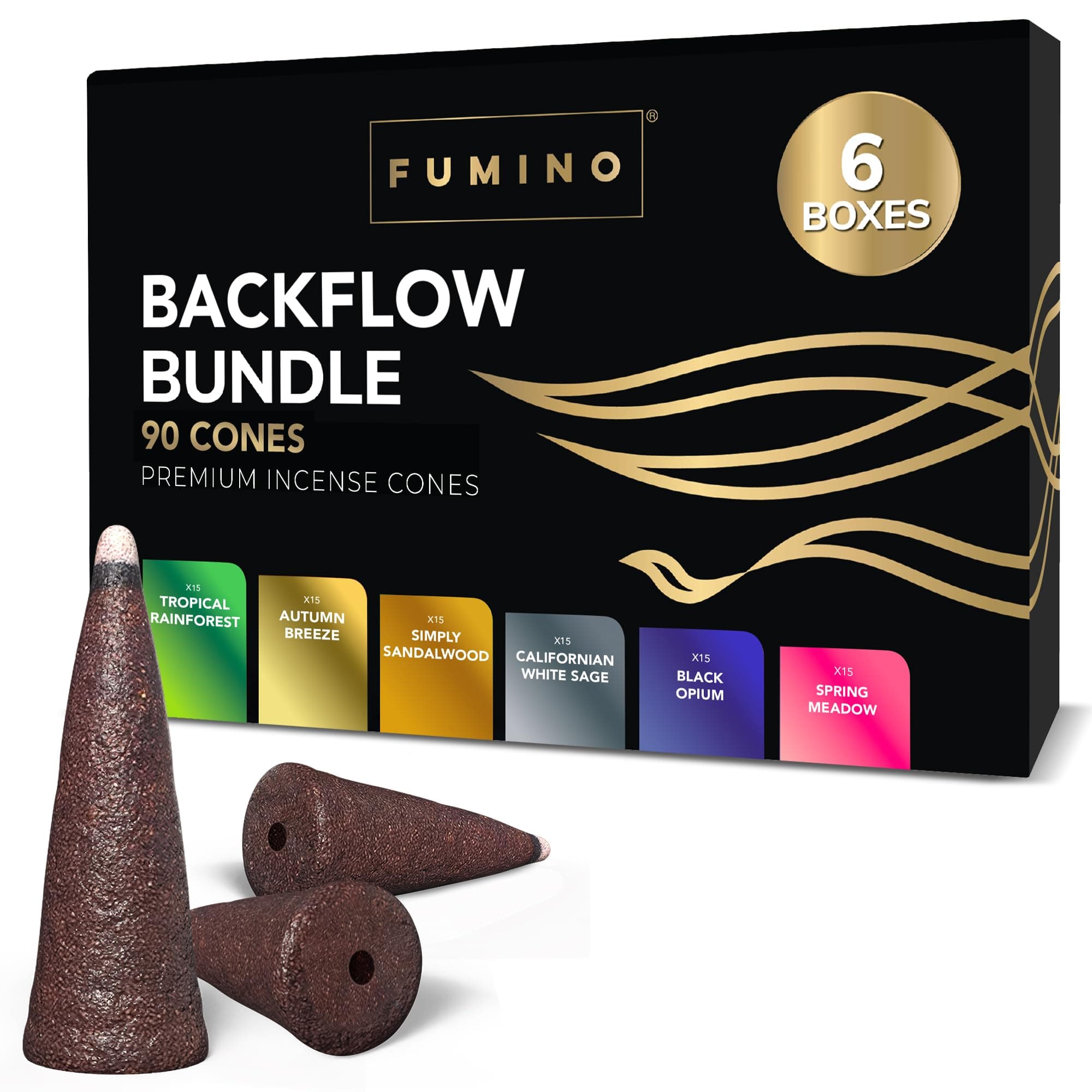 Fresh Backflow Incense Cones Multipack Essentials Bundle 6 Boxes 90 Cones Masala Agarbatti Joss Scent Fragrance for Relaxation and Meditation, Home and House Decor