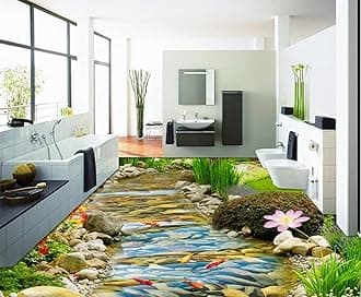 Wall Mural Wallpaper 144 x 100 inch (Width x Height) 3D PVC Flooring Custom Wall Sticker 3D Hd Streams Goldfish Lotus 3D Bathroom Flooring Paintings Photo 3D Wall murals Wallpaper