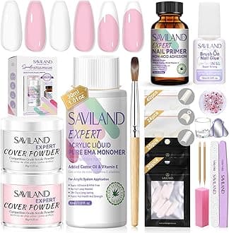 SAVILAND Acrylic Nail Kit: Keratin Acrylic Powder with Castor Oil Vitamin E Nail Primer Nail Glue French Tips Pink Rhinestones Complete Tools Everything for Beginners DIY Home Salon Christmas Gift