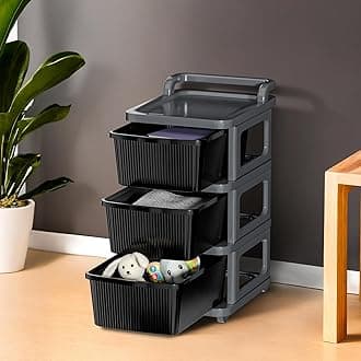 Kuber Industries 3 Layer Heavy Duty Plastic Storage Drawer with Wheels | Modular Cabinet for Bedroom, Office, Home | Chest of Drawers Organiser for Cosmetics, Kitchen items, Toys | Grey & Black