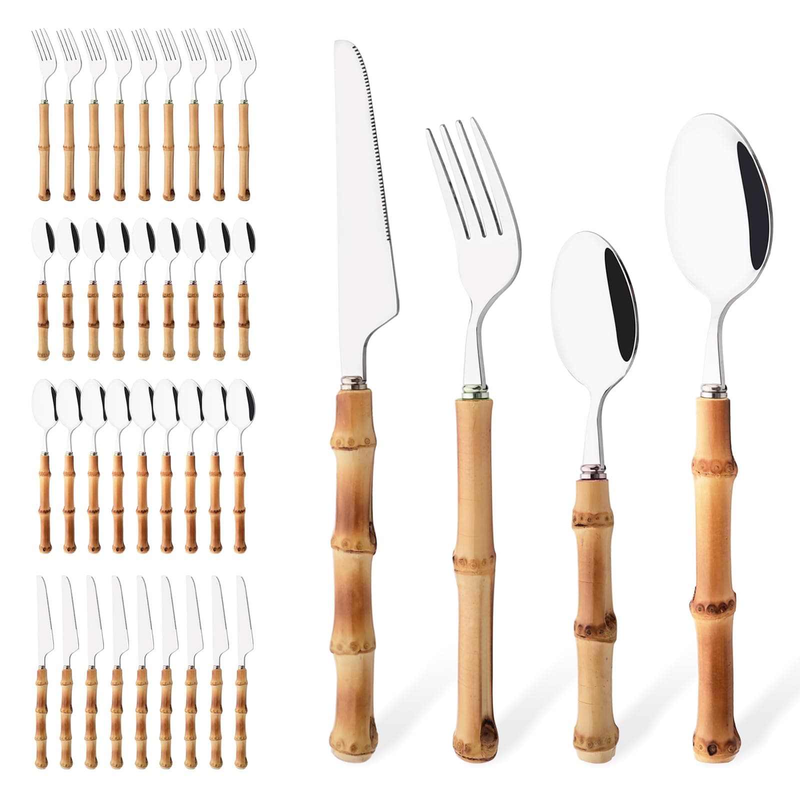 40PCS Silverware Set for 10, Bamboo Handle Flatware Set, Stainless Steel Cutlery Set for Home Restaurant and Party, Bamboo Forks Spoons and Knives Set, Polished Tableware