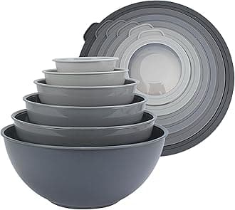 COOK WITH COLOR Mixing Bowls Set with TPR Lids - 12 Piece Plastic Nesting Bowls Set includes 6 Prep Bowls and 6 Lids, Microwave Safe (Grey)
