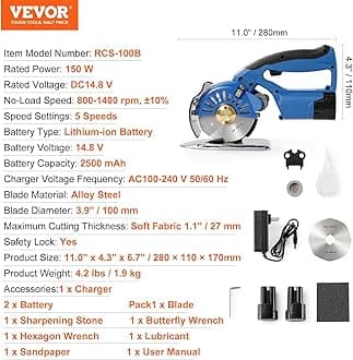 VEVOR Fabric Cutter, 5-Speed Cordless Electric Rotary Fabric Cutting Machine, 1.1" Cutting Thickness, Octagonal Knife, with Replacement Blade and Battery Charger, for Multi-Layer Cloth Fabric Leather