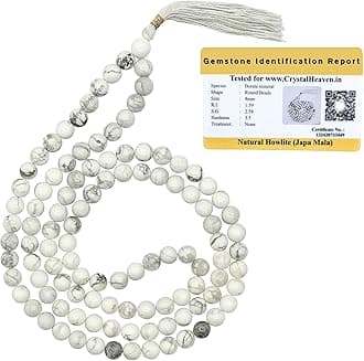 Certified Howlite Crystal Japa Mala Saadi - 108 Beads Buddhist Prayer Beads - AAA Grade Original Healing Gemstone Agate Mala for Yoga Meditation Spiritual Reiki Feng Shui