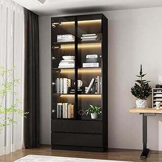 Curio Display Cabinet with Light, Storage Shelves with Pop-up Glass Doors, 2 Drawers & 3 Color Light, Collectibles Cabinet Display Shelf, Bookshelf Showcase for Living Room, Black w/Drawer