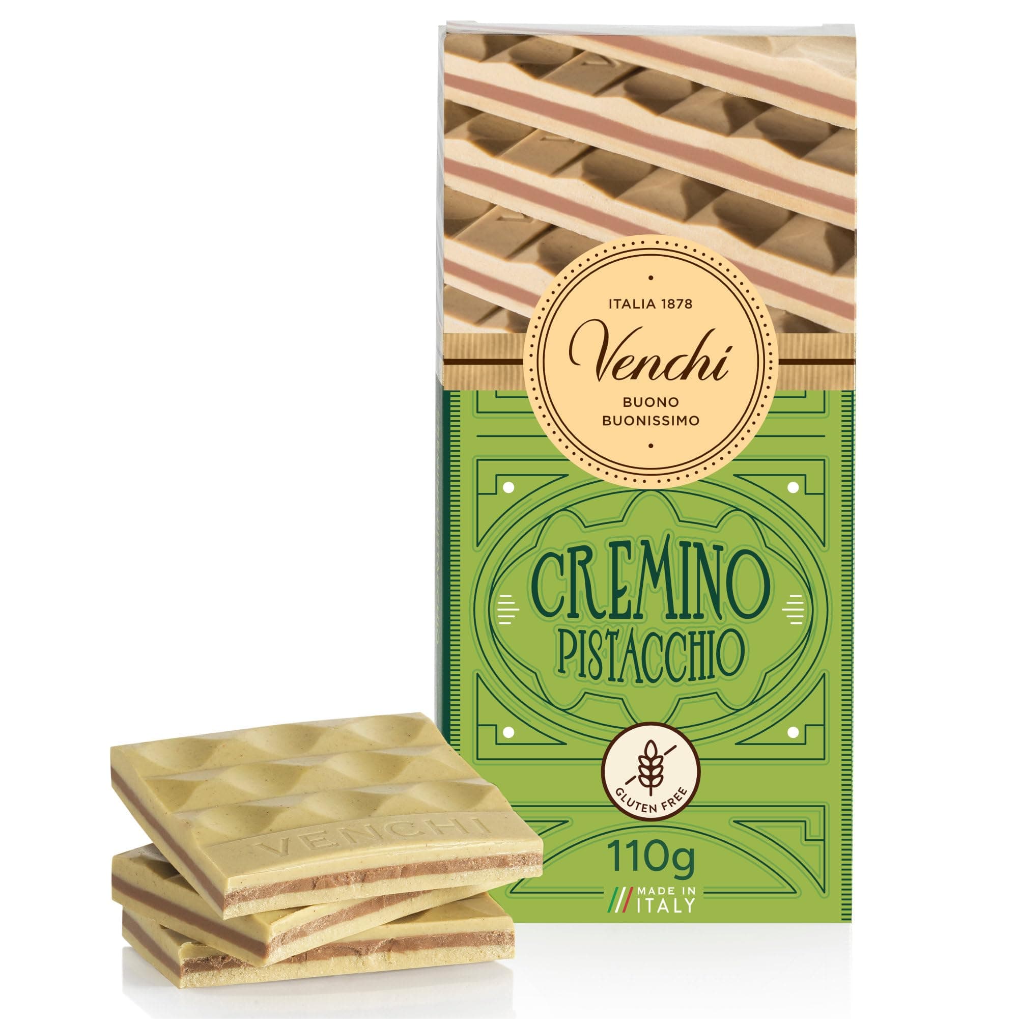 Cremino Bar Pistachio, Milk and White Chocolate with Pistachio Paste, 24,25 lb, Gluten Free, Dye-free and Preservative-Free