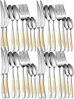 Mirror Finish Gold Plated Stainless Steel Flatware Set Copper Silverware Set Rose Gold Spoon Color Cutlery Set [Dinner Fork-Tea Spoon-Salad Spoon-Knife] Set of (Golden DOT, 32)